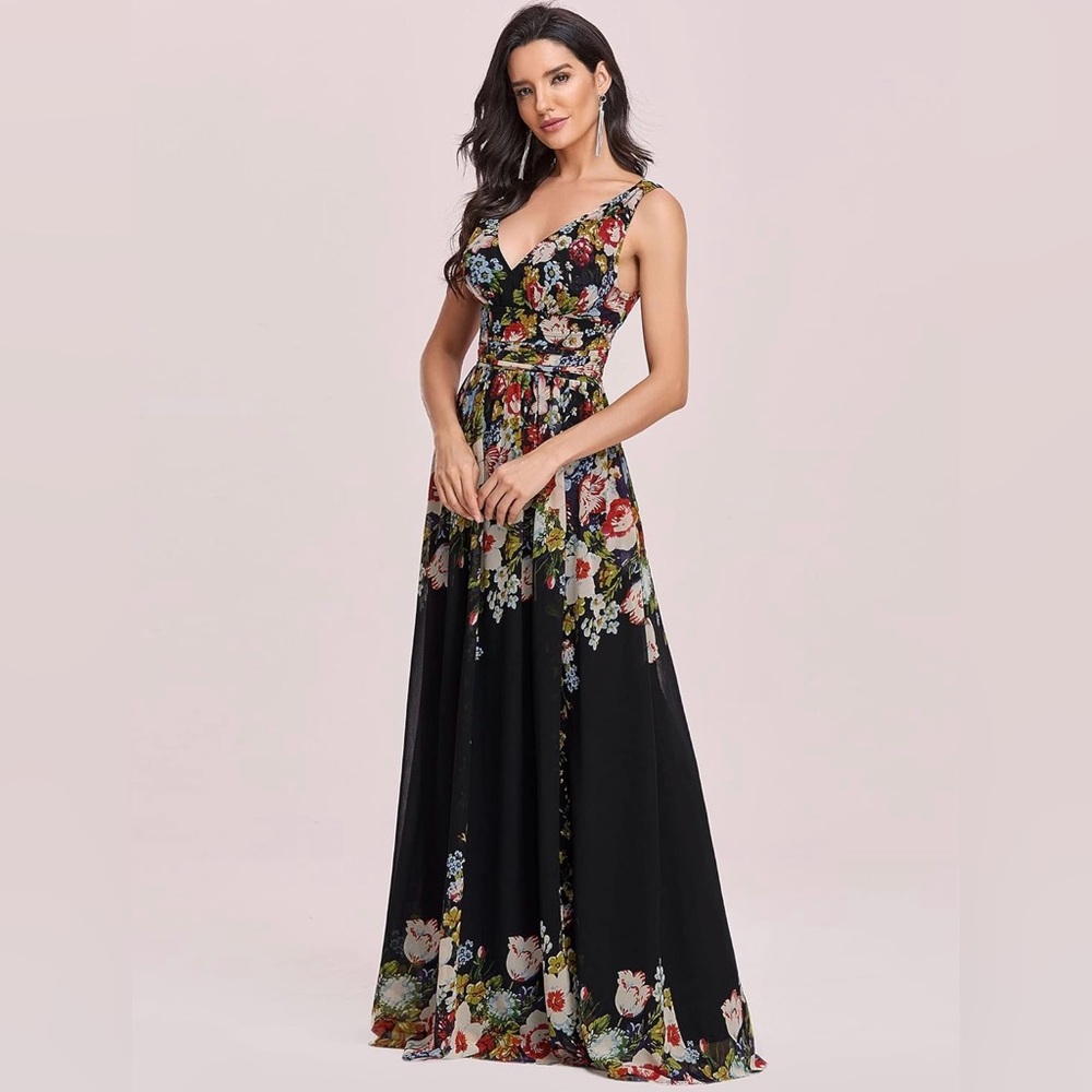 Floral v-neck chiffon floor-length gown